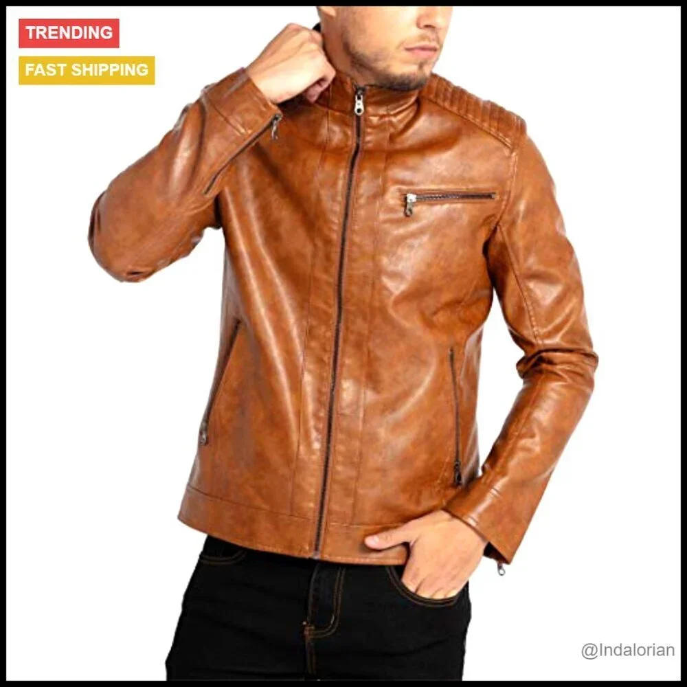 Stand Collar Faux Leather Motorcycle Jacket Lightweight Slim Fit Classic